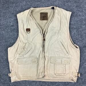 Bass Outdoors Vest Mens Size XL Tan Cotton Leather Trim Utility Fishing Pockets